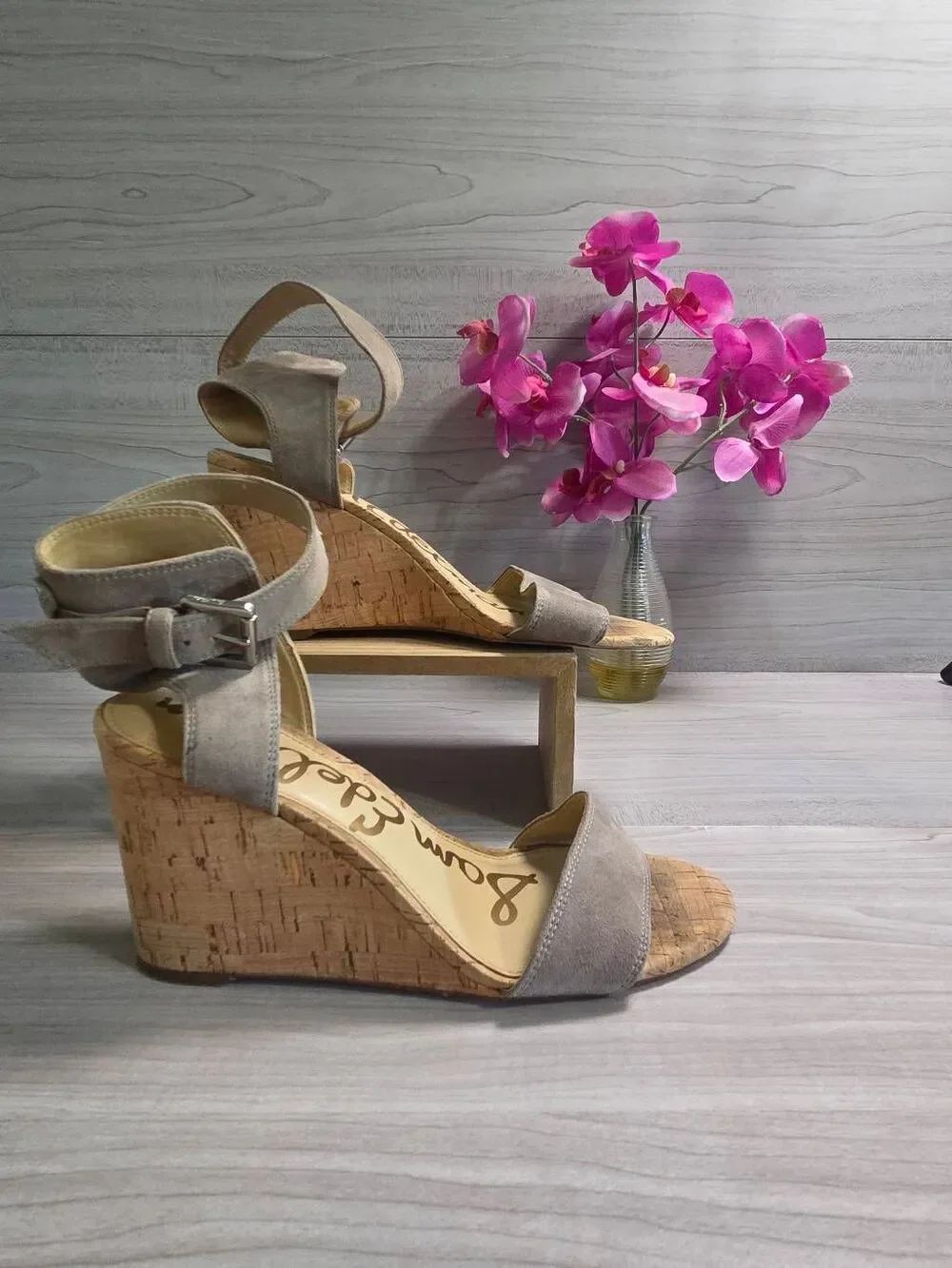 Sam Edelman Grey Suede Cork Wedge Sandals Ankle Buckle Strap Size 8.5